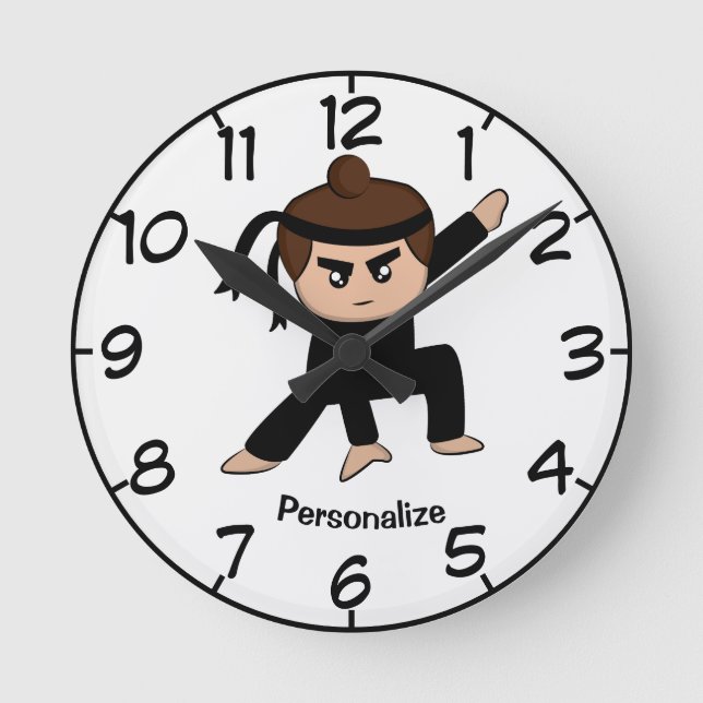 Cute & Funny Little Ninja Boy Cartoon Personalize Round Clock (Front)