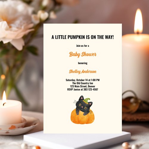 Cute Funny Little Pumpkin on Way Black Cat Invitation