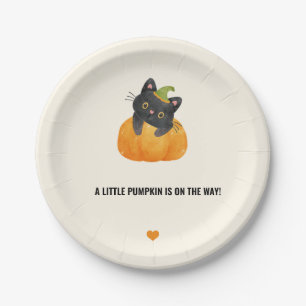 Cute Funny Little Pumpkin on Way Black Cat Paper Plates