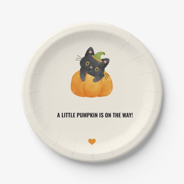 Cute Funny Little Pumpkin on Way Black Cat Paper Plates (Front)