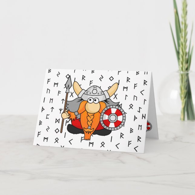 Cute Funny Little Viking Warrior with Runes Holiday Card (Front)