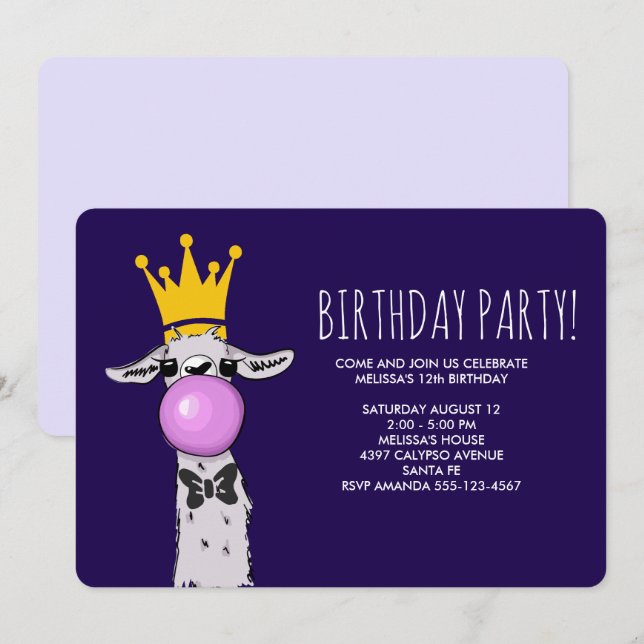 Cute Funny Llama Illustration Birthday Party Invitation (Front/Back)