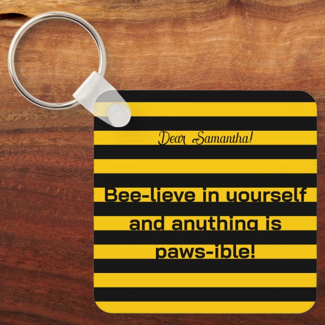 Cute Funny Love Quote Bumble Bee Stripes Pattern Keychain (Front)