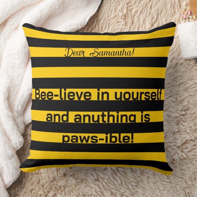 Cute Funny Love Quote Bumble Bee Stripes Pattern Throw Pillow (Blanket)