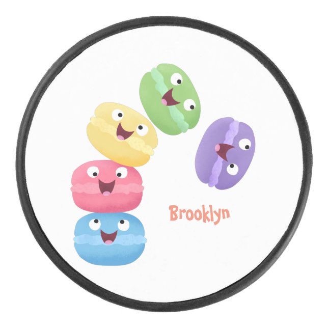 Cute funny macaroons cartoon illustration  hockey puck (Front)