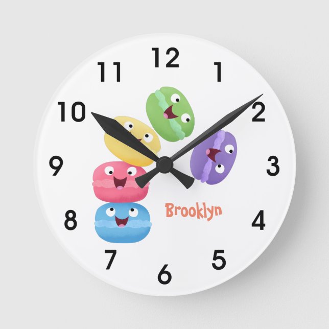 Cute funny macaroons cartoon illustration round clock (Front)