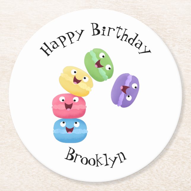 Cute funny macaroons cartoon illustration  round paper coaster (Front)