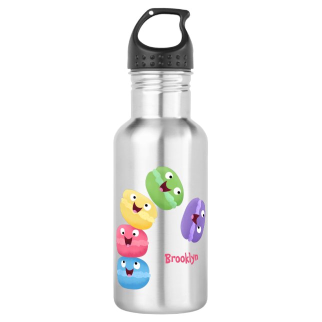 Cute funny macaroons cartoon illustration  stainless steel water bottle (Front)