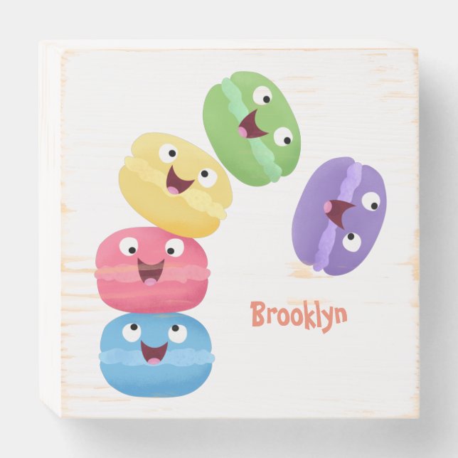 Cute funny macaroons cartoon illustration wooden box sign (Front Horizontal)