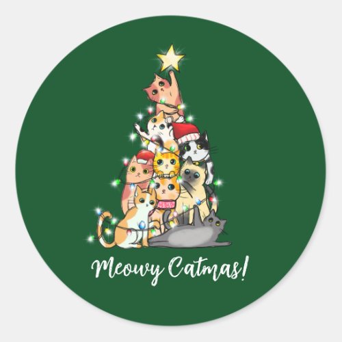 Cute Funny Meowy Catmas Cats Christmas Tree Classic Round Sticker