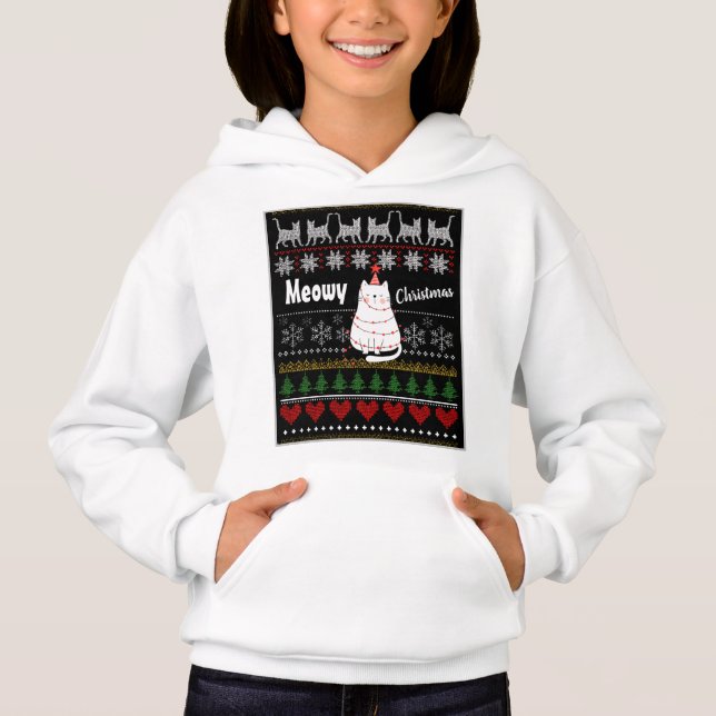 Cute Funny Meowy Christmas Cat Nordic Patterned Hoodie (Front)