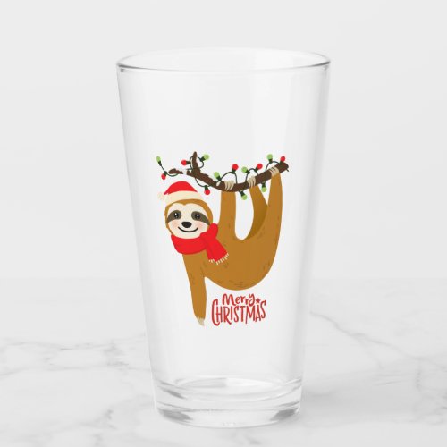 Cute Funny Modern Merry Christmas Sloth  Holidays Glass