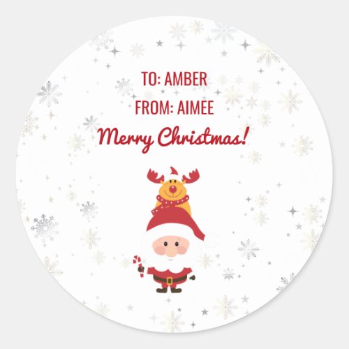 Cute Funny Modern Rudolph Santa Personalize Names Classic Round Sticker