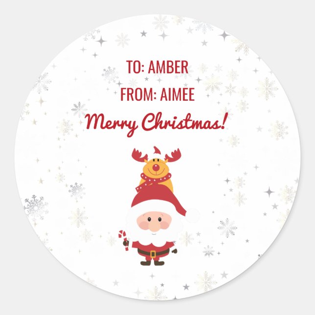 Cute Funny Modern Rudolph Santa Personalize Names Classic Round Sticker (Front)