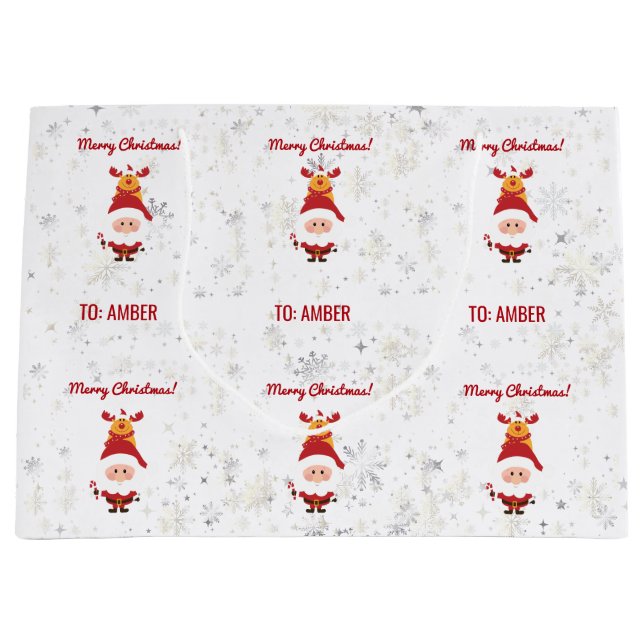 Cute Funny Modern Rudolph Santa Personalized Name  Large Gift Bag (Front)