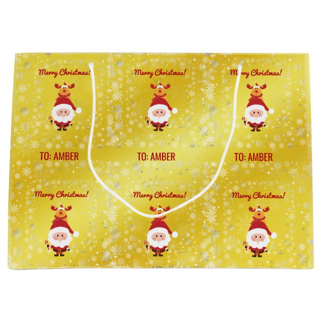 Cute Funny Modern Rudolph Santa Personalized Name  Large Gift Bag (Front)