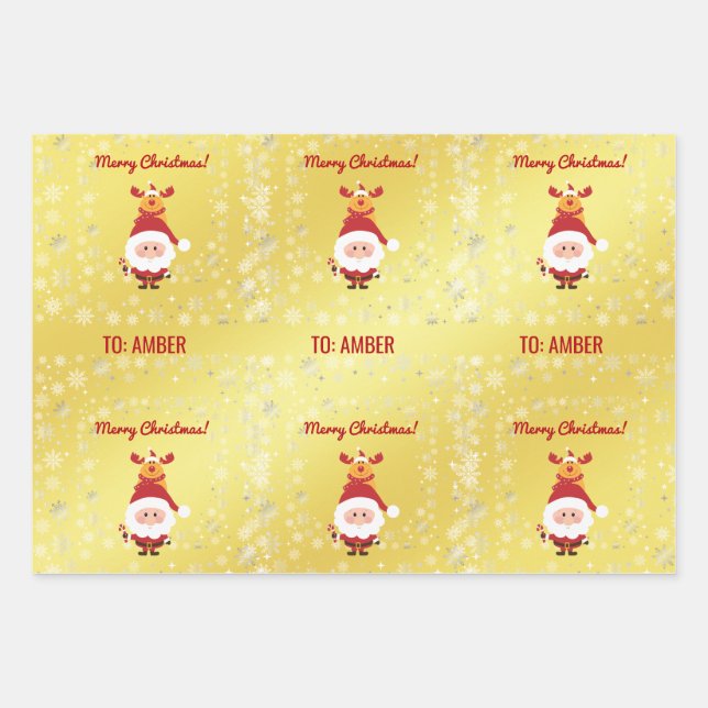 Cute Funny Modern Rudolph Santa Personalized Name  Wrapping Paper Sheets (Front)