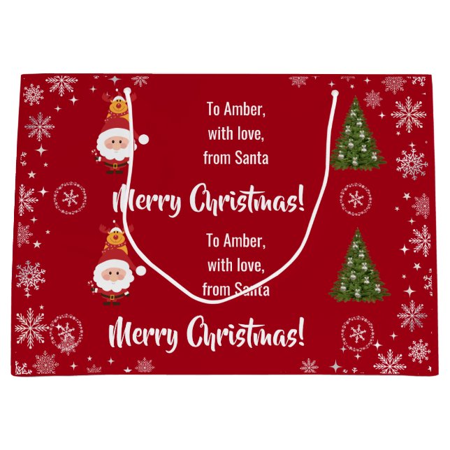 Cute Funny Modern Santa Rudolph Personalized Name  Large Gift Bag (Front)