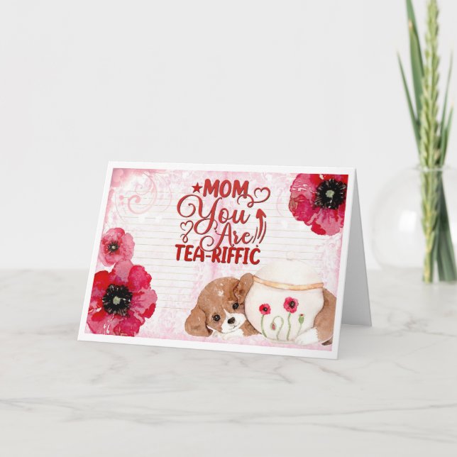 Cute Funny Mom Birthday Tea Lover Dog Floral Card (Front)