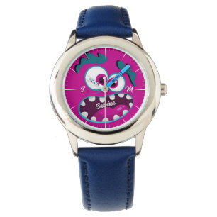 Cute Funny Monster Dark Pink Teal Initials Name Watch
