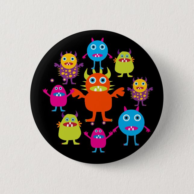 Cute Funny Monster Party Creatures in Circle Button (Front)
