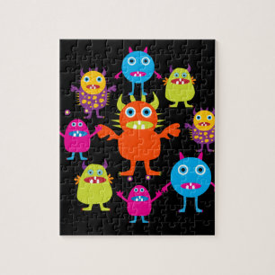 Cute Funny Monster Party Creatures in Circle Jigsaw Puzzle