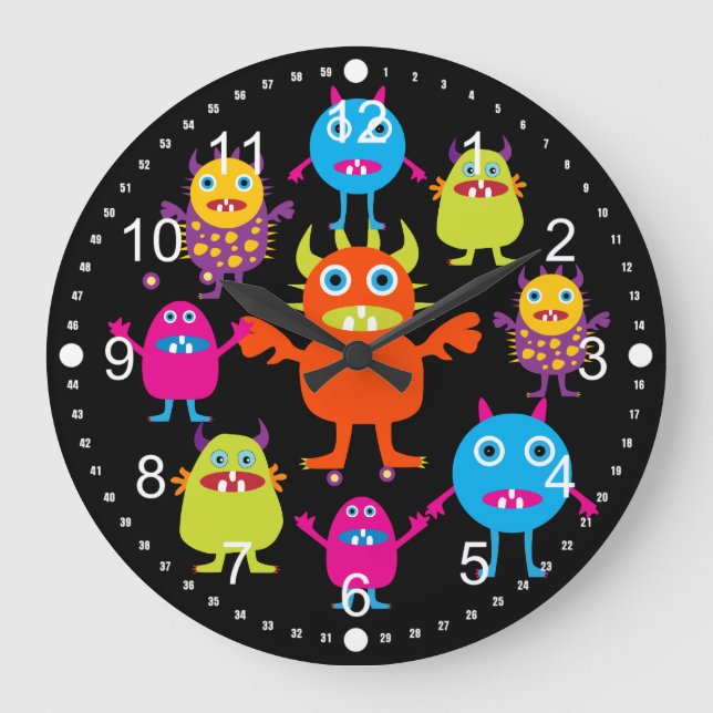 Cute Funny Monster Party Creatures in Circle Large Clock (Front)