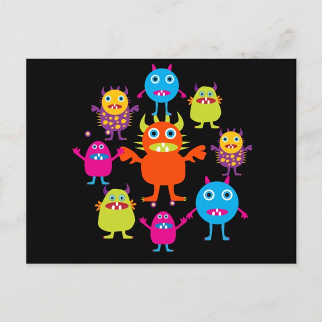 Cute Funny Monster Party Creatures in Circle Postcard (Front)