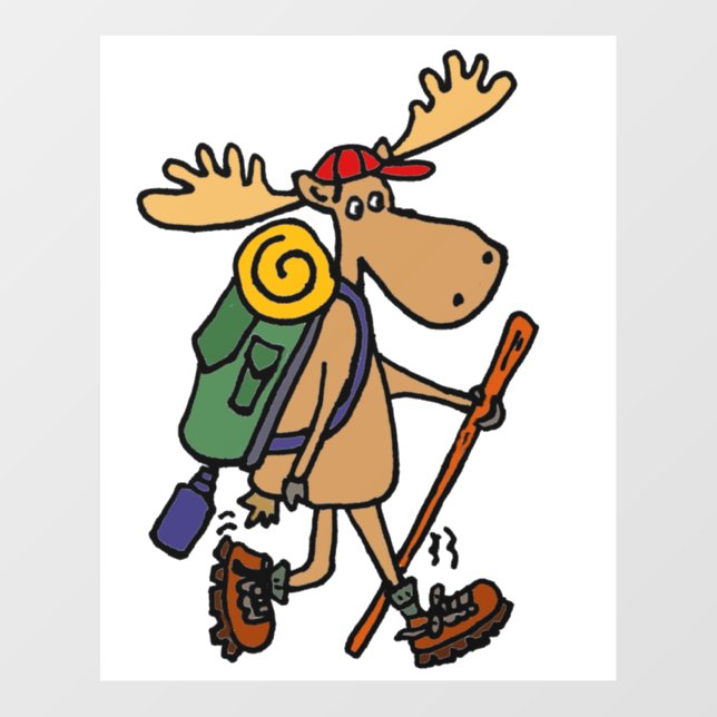 Cute Funny Moose Hiking Cartoon Wall Decal (Front)