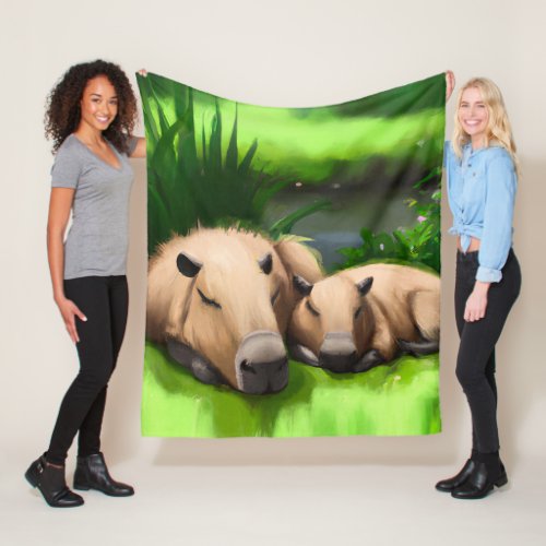 Cute Funny Napping Capybaras by the Pond Fleece Blanket