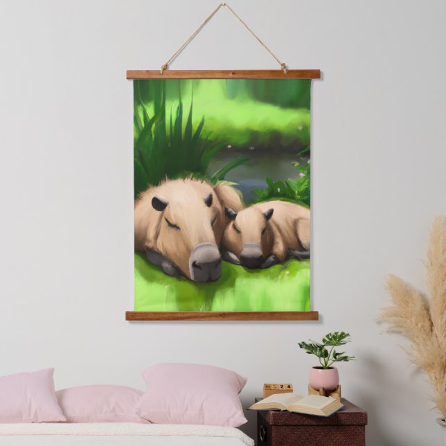 Cute Funny Napping Capybaras by the Pond Hanging Tapestry (Bedroom)
