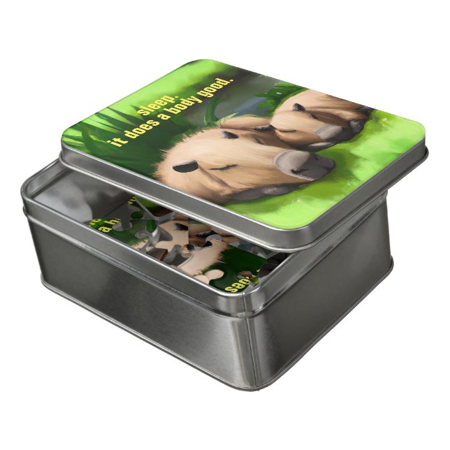 Cute Funny Napping Capybaras by the Pond Jigsaw Puzzle (Lid Open)