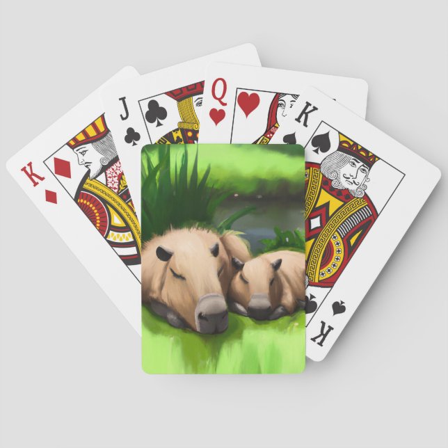 Cute Funny Napping Capybaras by the Pond Poker Cards (Back)
