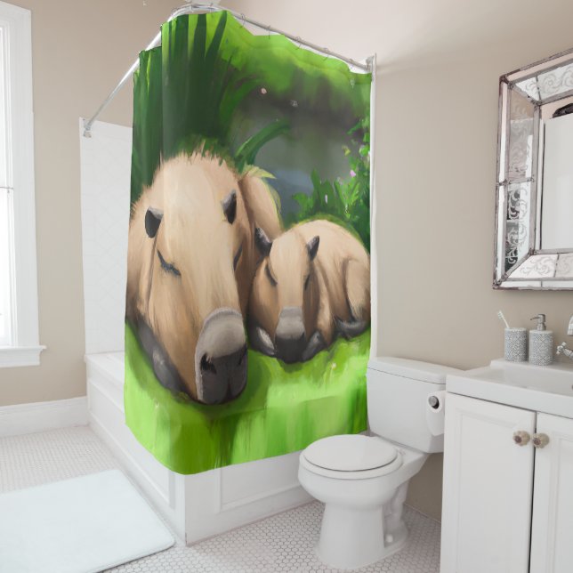 Cute Funny Napping Capybaras by the Pond Shower Curtain (In Situ)