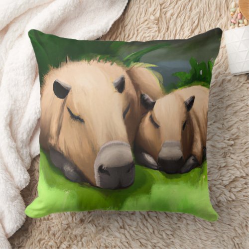 Cute Funny Napping Capybaras by the Pond Throw Pillow