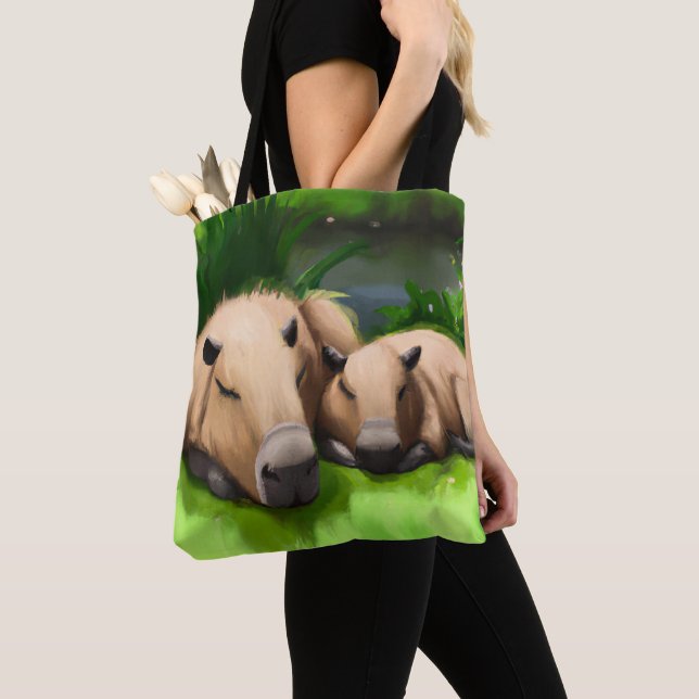 Cute Funny Napping Capybaras by the Pond Tote Bag (Close Up)