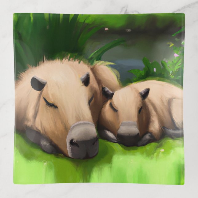 Cute Funny Napping Capybaras by the Pond Trinket Tray (Front)
