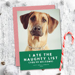 Cute Funny Naughty List Pet Photo Christmas Green Holiday Card<br><div class="desc">This funny holiday photo card features a festive green background with the greeting "I ate the naughty list (you're welcome)" and one photo. This design accommodates a single square photo on the front of the card. On the reverse side is a red and white diagonal stripe background, to which you...</div>