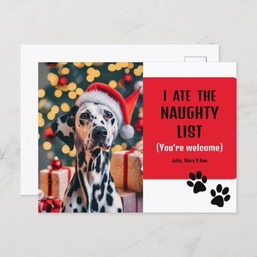 Cute Funny Naughty List Pet Photo Christmas Red Postcard