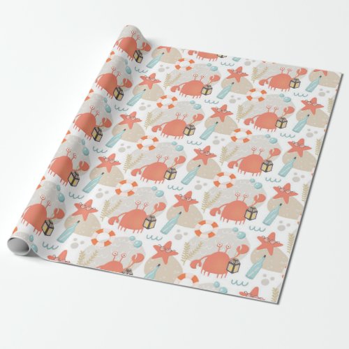 Cute funny nautical animals Sea crab starfish Wrapping Paper