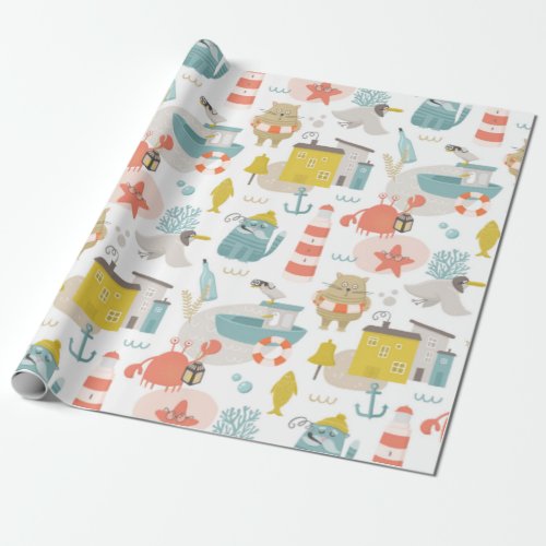 Cute funny nautical animals Sea kids pattern Wrapping Paper