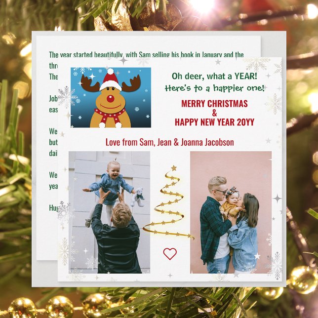 Cute Funny Oh Deer Rudolph Xmas Tree Letter Photos Holiday Card (Funny Rudolph Oh Deer What a Year 2 Photos Merry Christmas Happy New Year Cute Elegant Xmas Tree)