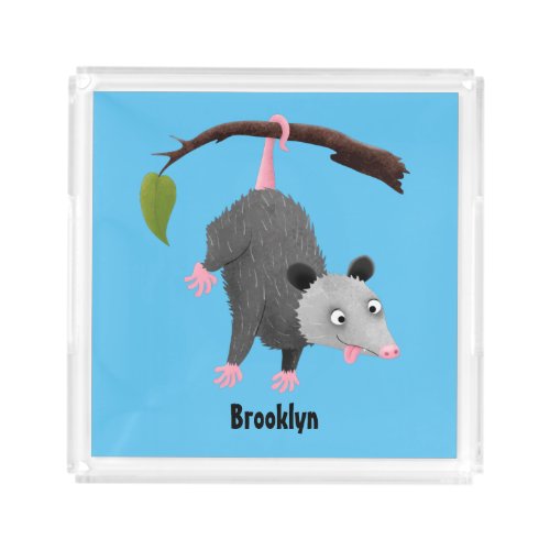Cute funny opossum hanging from branch cartoon acrylic tray