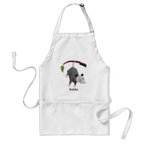 Cute funny opossum hanging from branch cartoon adult apron