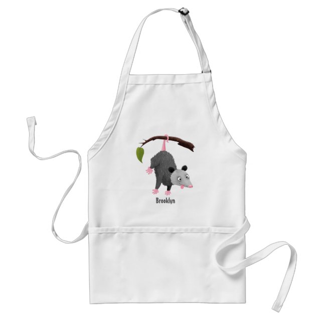 Cute funny opossum hanging from branch cartoon adult apron (Front)