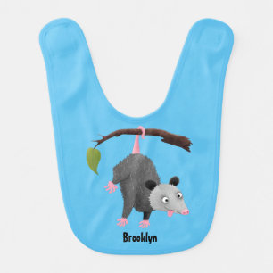 Cute funny opossum hanging from branch cartoon  baby bib