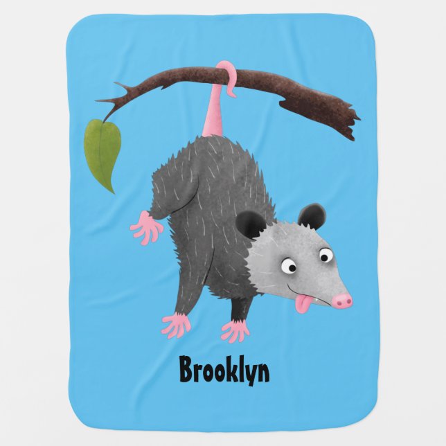 Cute funny opossum hanging from branch cartoon baby blanket (Front)