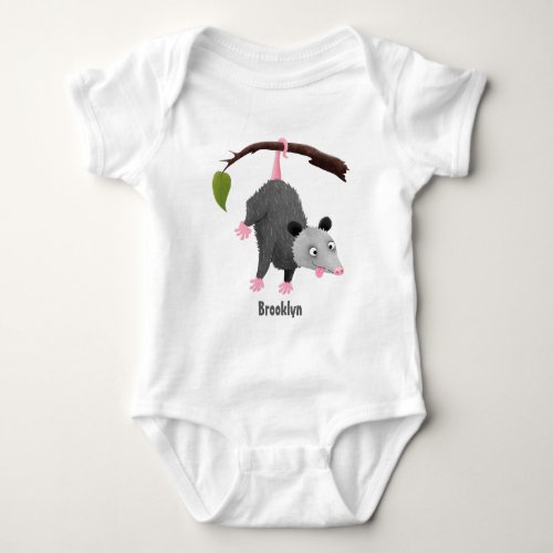 Cute funny opossum hanging from branch cartoon baby bodysuit