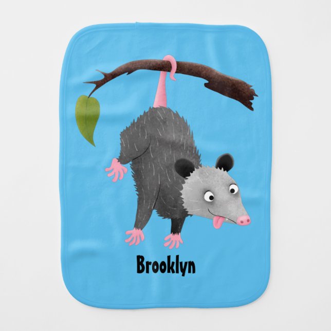 Cute funny opossum hanging from branch cartoon baby burp cloth (Front)