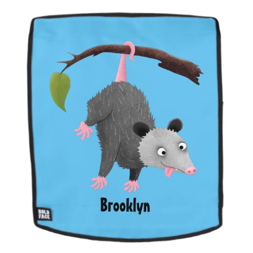 Cute funny opossum hanging from branch cartoon backpack